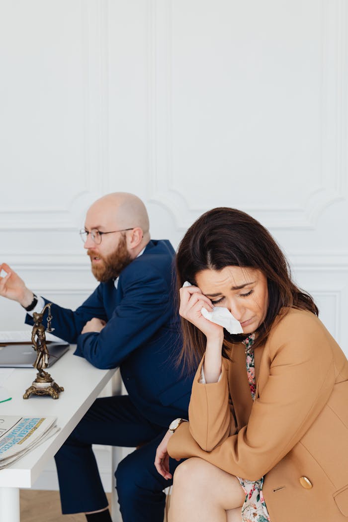 About A weary woman sits at a desk, wiping tears, during a tense law office meeting.